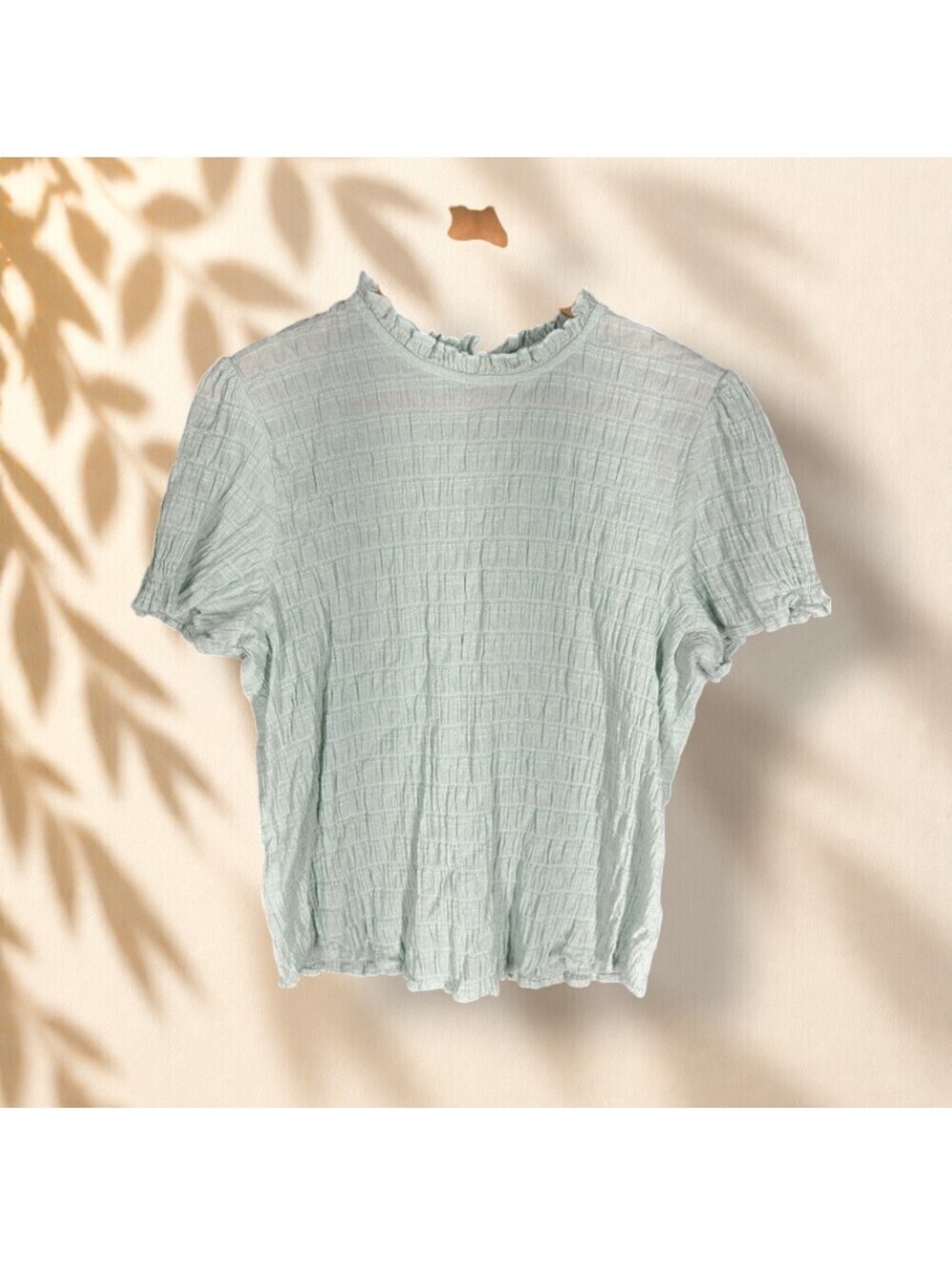 Fun2fun Blouse Women L Large Green Short Sleeve Crew Neck Hook & Eye Cotton